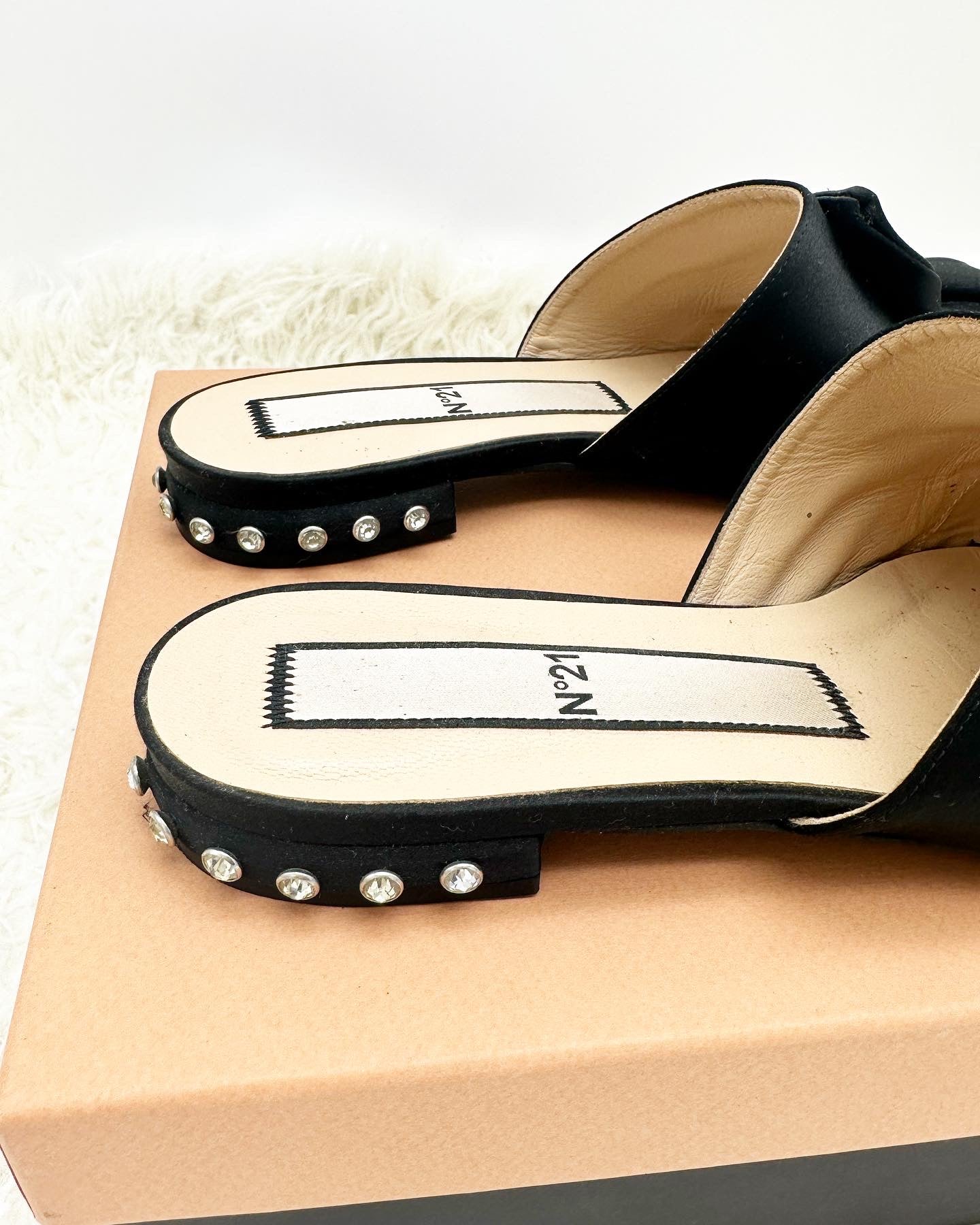 Numero Ventuno N21 Satin Slides with Crystal Embellishment